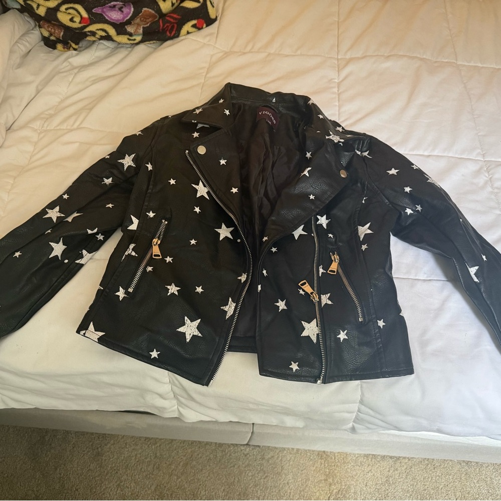 Vigoss Black Leather Star Print Moto Jacket